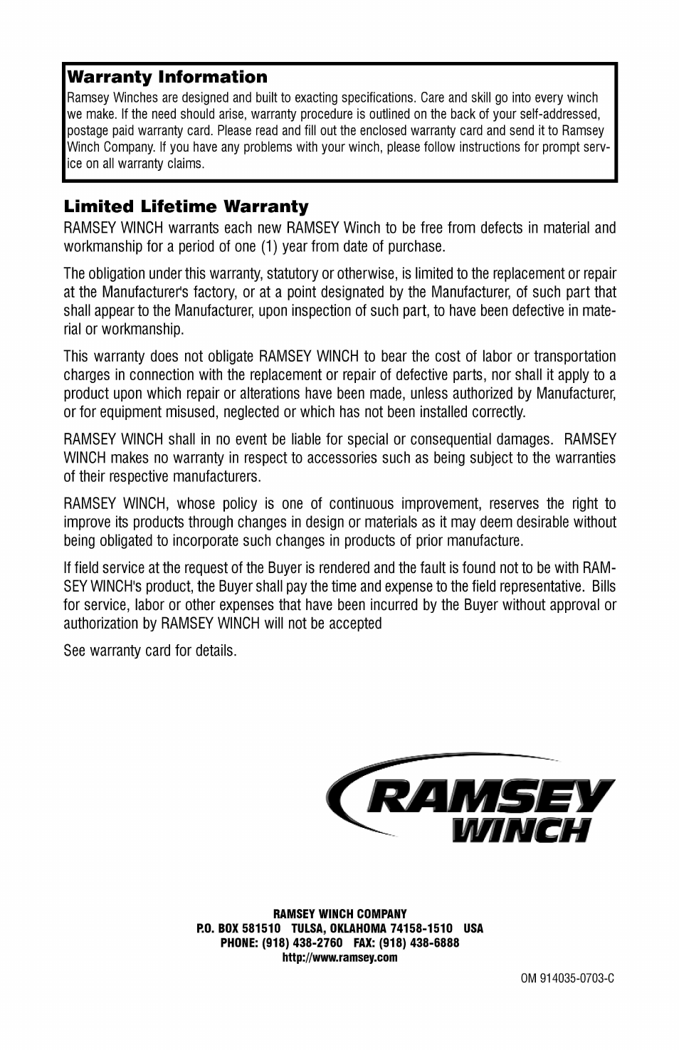 Ramsey Winch H-800 DOW-LOK (JERR-DAN) User Manual | Page 20 / 20