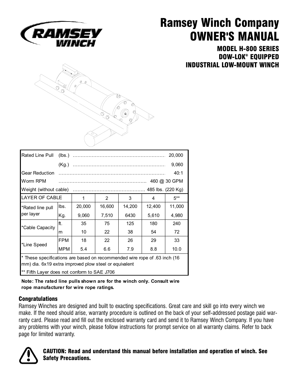 Ramsey Winch H-800 W/AIR SHIFTER (TALBERT) User Manual | 24 pages