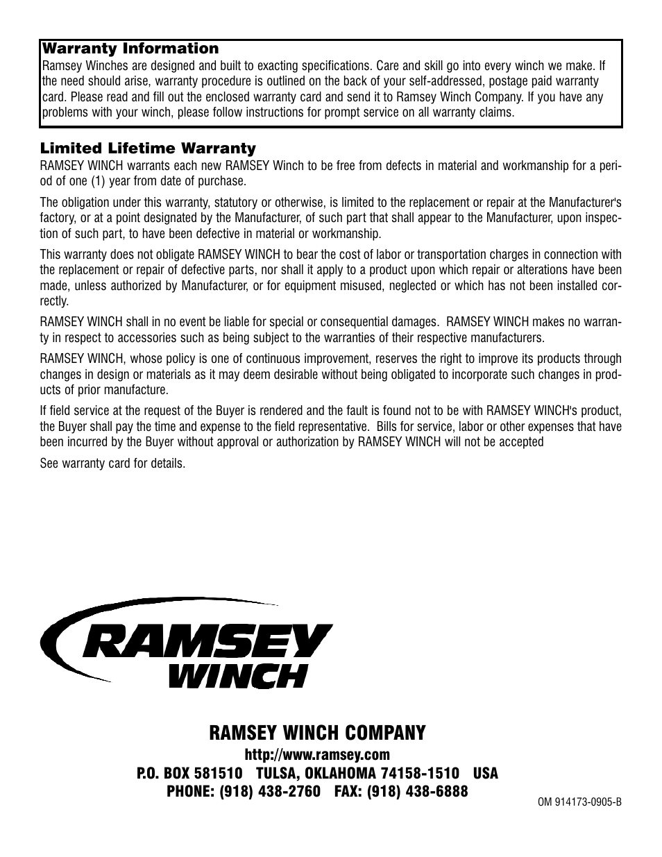 Ramsey winch company | Ramsey Winch H-800 W/AIR SHIFTER (TALBERT) User Manual | Page 24 / 24