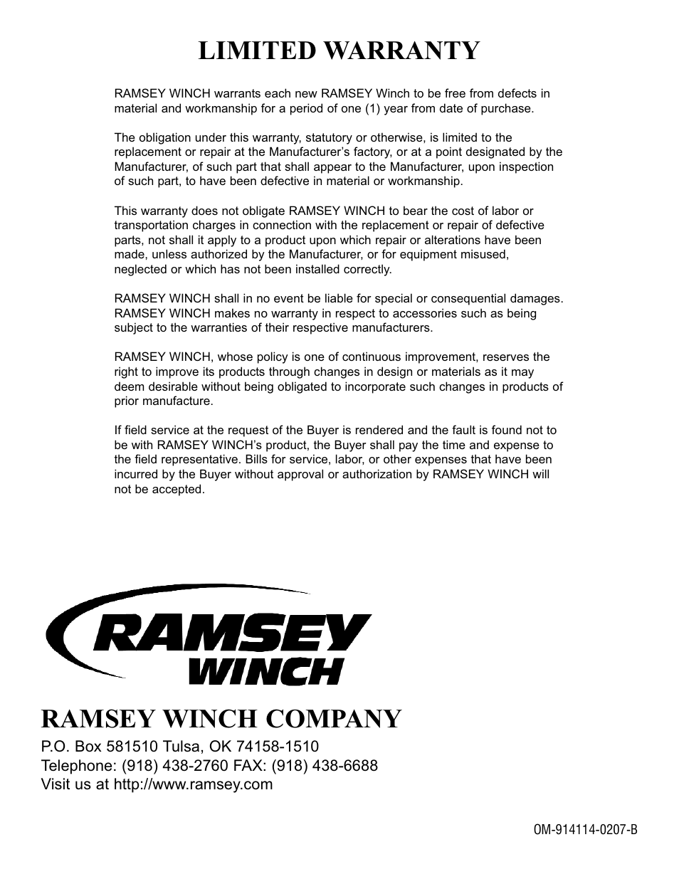 Limited warranty, Ramsey winch company | Ramsey Winch H-930r DOW-LOK w/Air Shifter for Grant Wrecker User Manual | Page 20 / 20