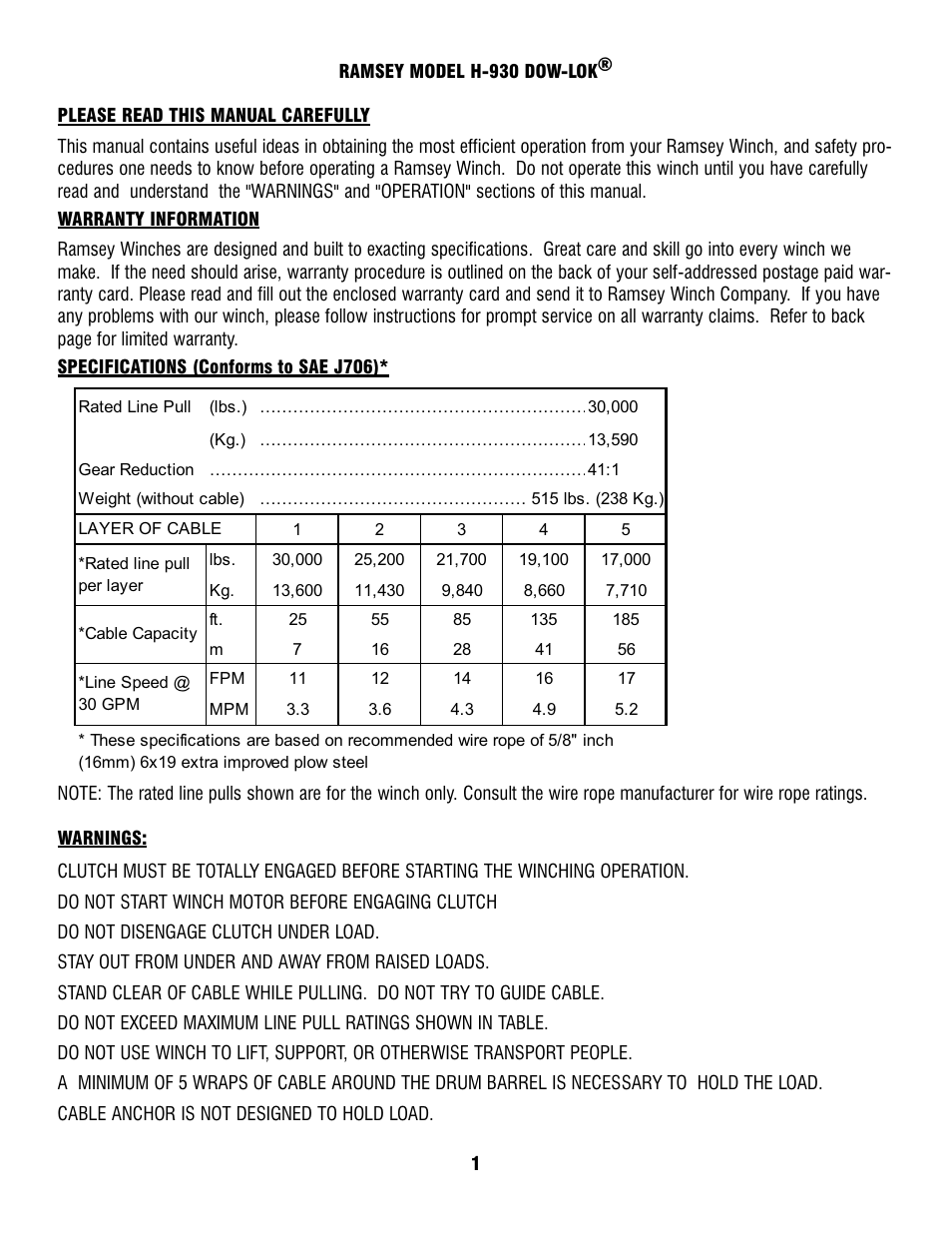 Ramsey Winch H-930r DOW-LOK w/Air Shifter for Grant Wrecker User Manual | Page 3 / 20