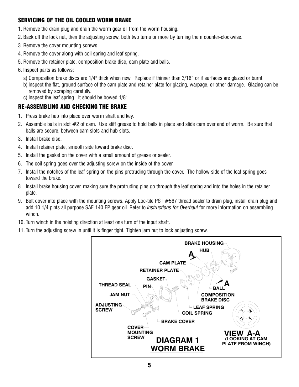 Worm brake, Diagram 1, View a-a | Ramsey Winch H-930r DOW-LOK w/Air Shifter for Grant Wrecker User Manual | Page 7 / 20