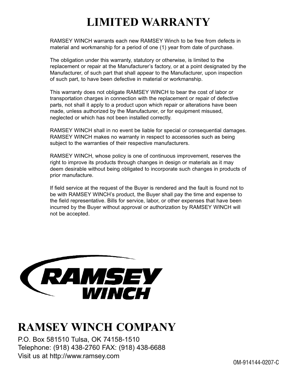 Limited warranty, Ramsey winch company | Ramsey Winch H-930R DOW-LOK w/Air Shifter for Szummar User Manual | Page 24 / 24