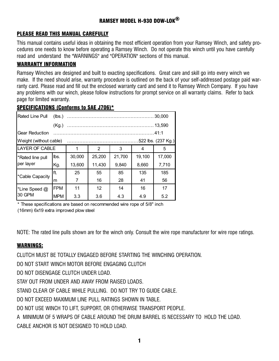 Ramsey Winch H-930R DOW-LOK w/Air Shifter for Szummar User Manual | Page 3 / 24