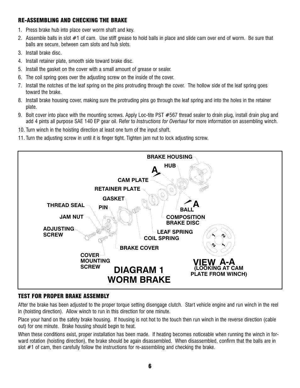 Worm brake, Diagram 1, View a-a | Ramsey Winch H-930R DOW-LOK w/Air Shifter for Szummar User Manual | Page 8 / 24