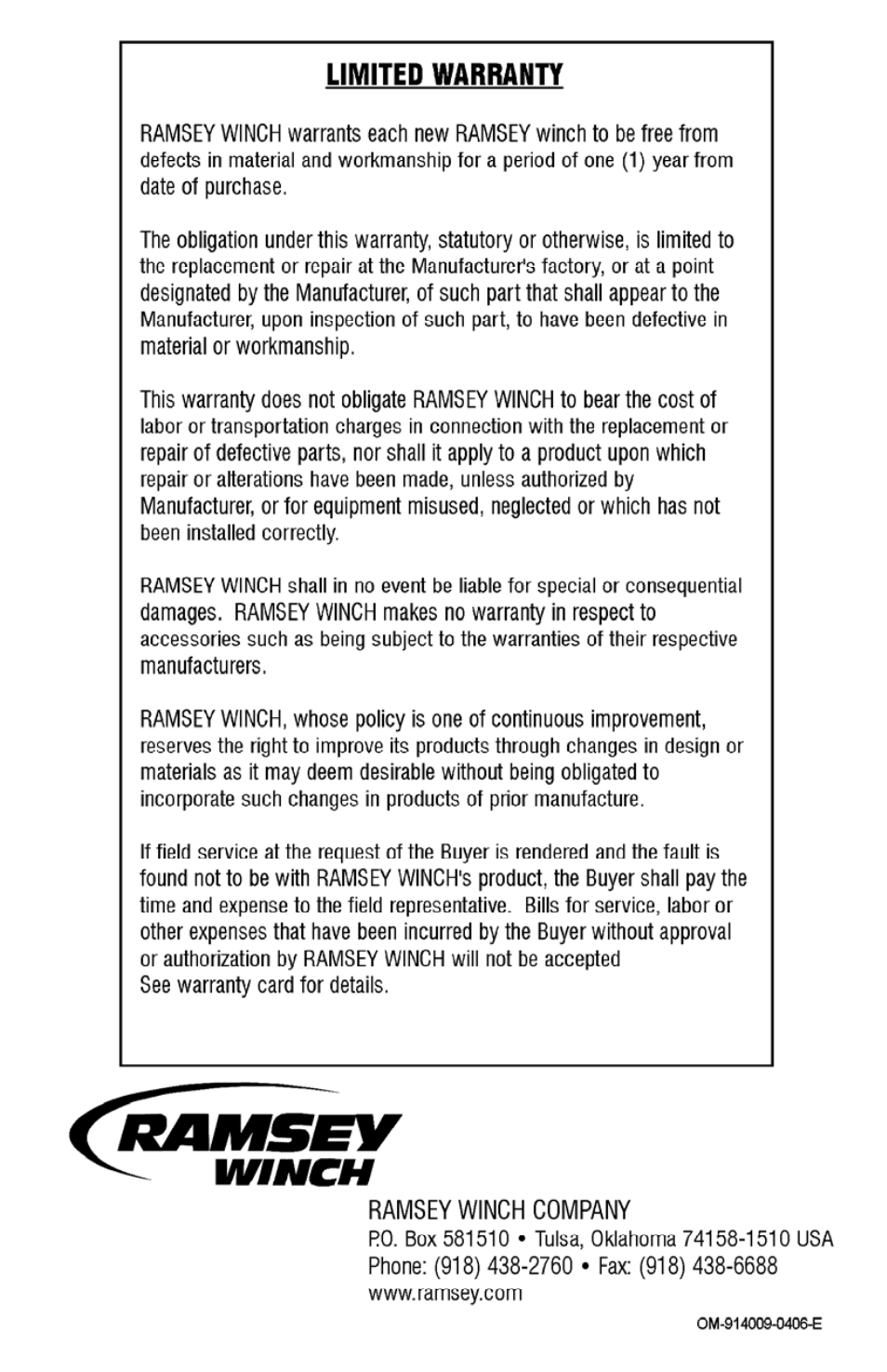 Ramsey Winch HD-200 (JERR-DAN) User Manual | Page 20 / 20