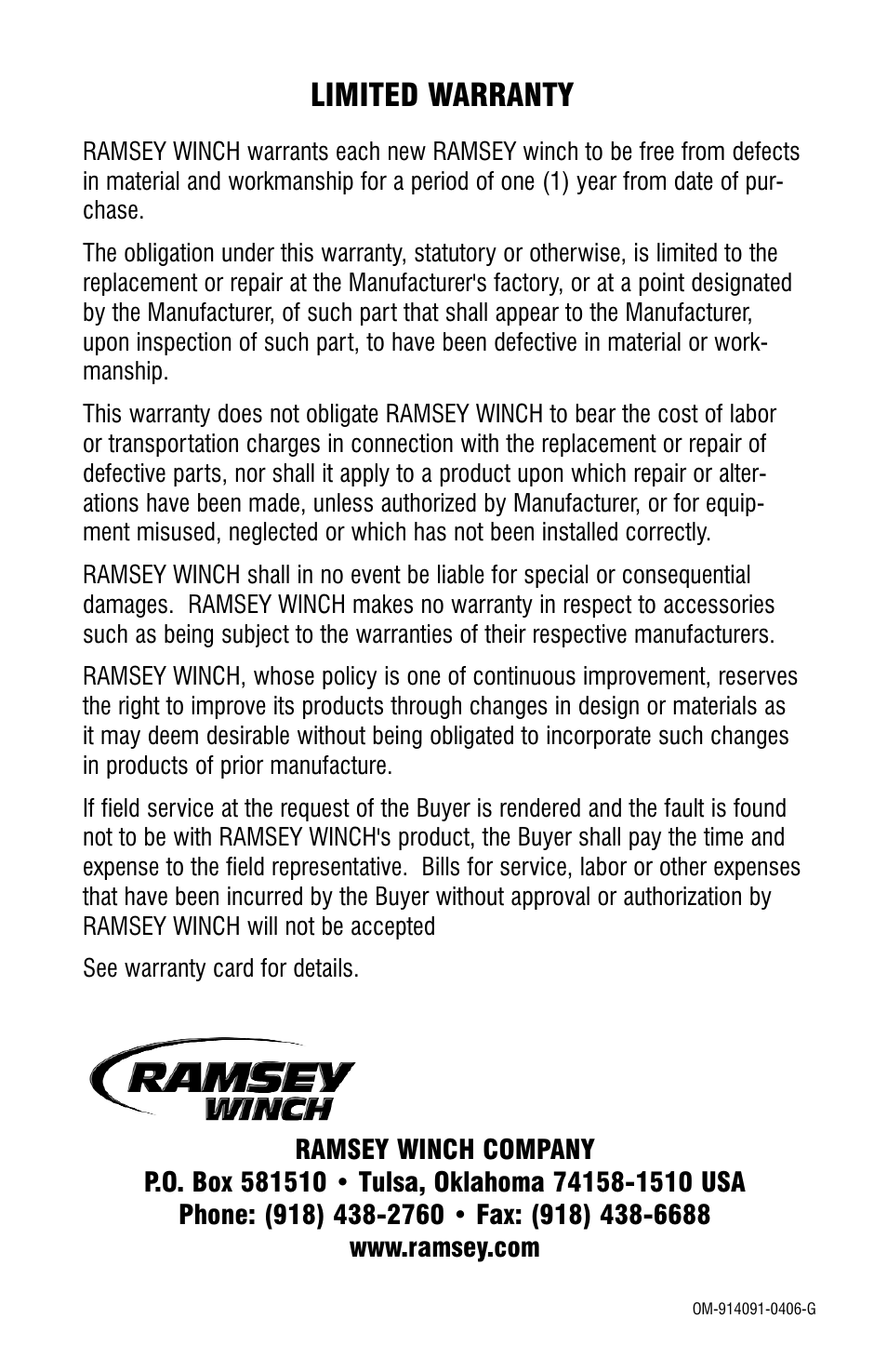 Limited warranty | Ramsey Winch HD-234 (JERR-DAN) (NOT CURRENT) User Manual | Page 20 / 20