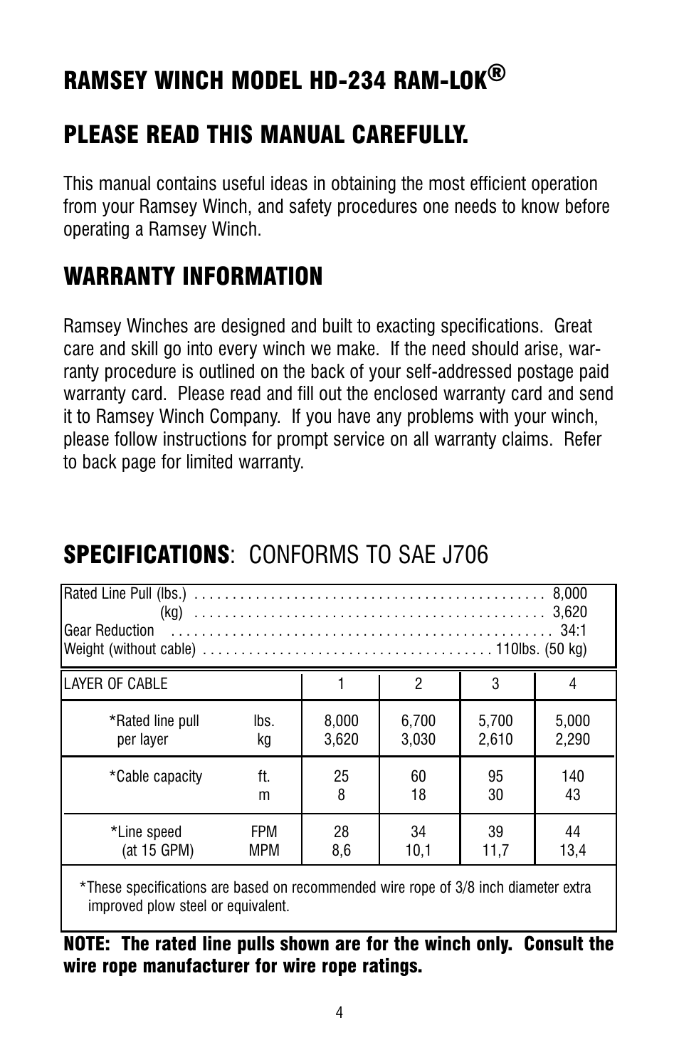 Warranty information, Specifications: conforms to sae j706 | Ramsey Winch HD-234 (JERR-DAN) (NOT CURRENT) User Manual | Page 4 / 20