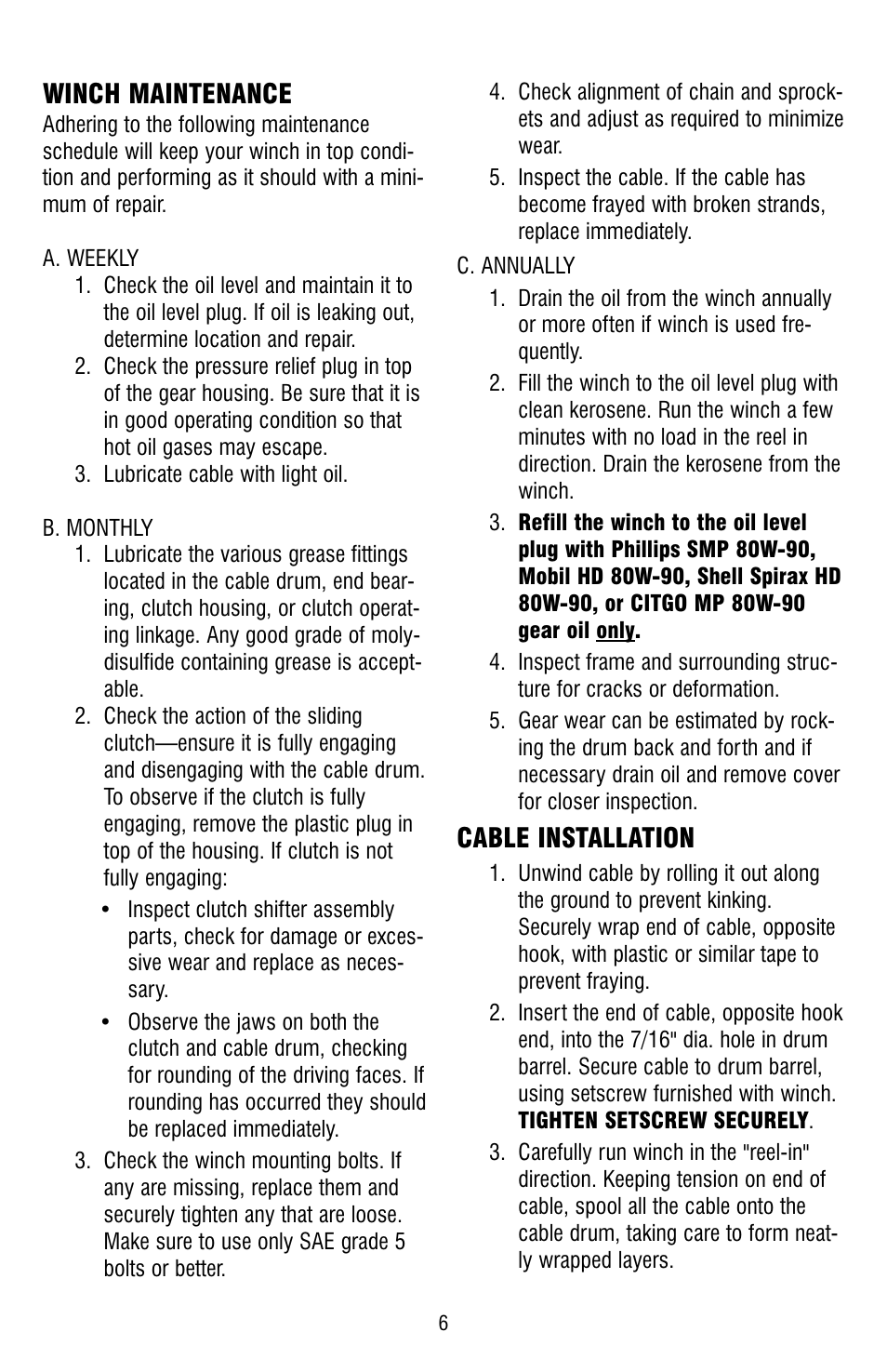 Winch maintenance, Cable installation | Ramsey Winch HD-234 (JERR-DAN) (NOT CURRENT) User Manual | Page 6 / 20