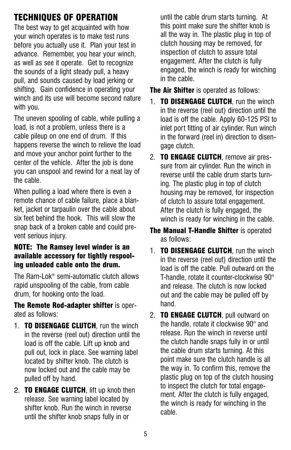 Techniques of operation | Ramsey Winch HD-234 (JERR-DAN) {CURRENT} User Manual | Page 5 / 28