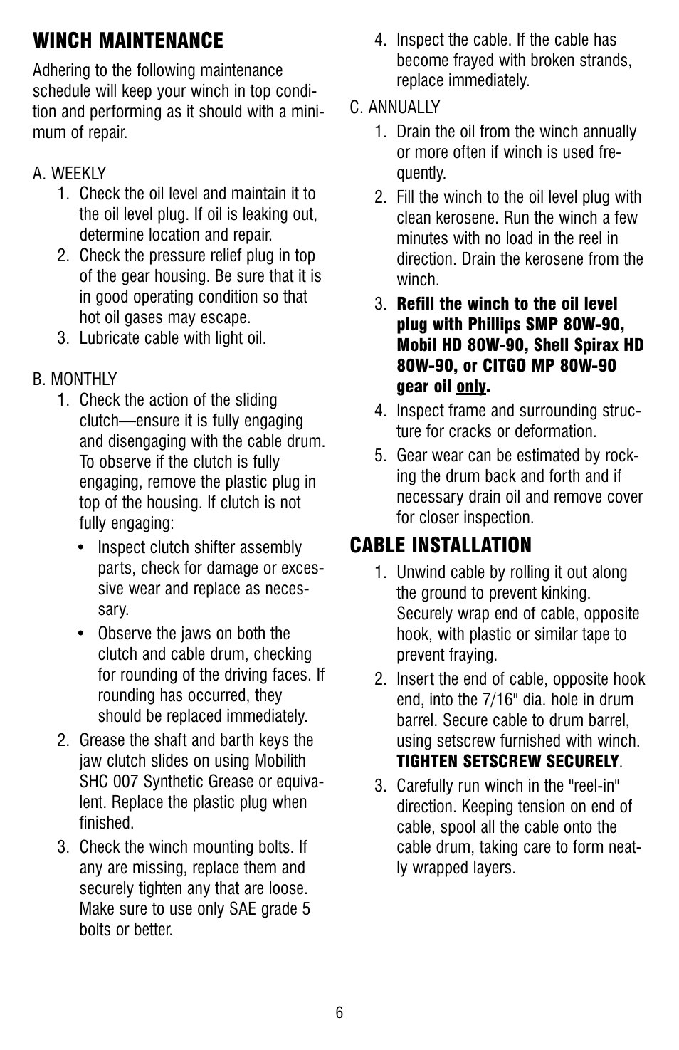 Winch maintenance, Cable installation | Ramsey Winch HD-234 (JERR-DAN) {CURRENT} User Manual | Page 6 / 28