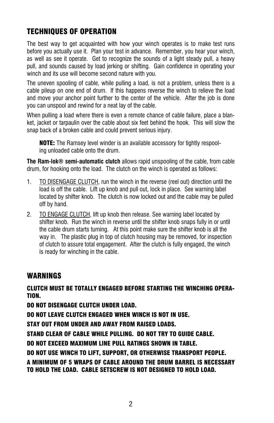 Techniques of operation, Warnings | Ramsey Winch HDG-350 (JERR-DAN) User Manual | Page 4 / 20