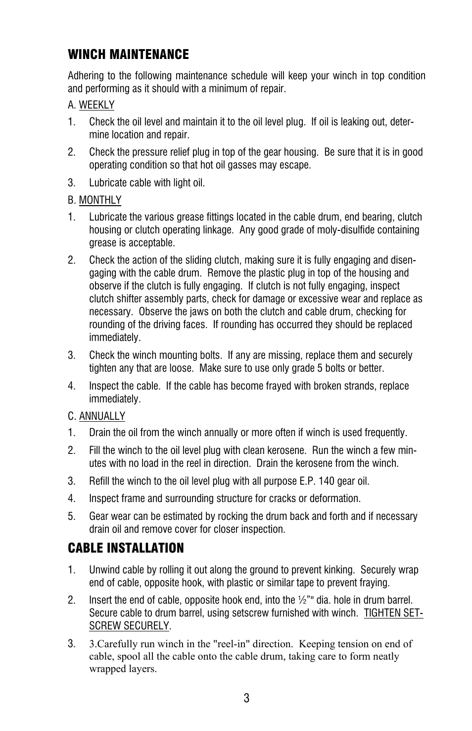 Winch maintenance, Cable installation | Ramsey Winch HDG-350 (JERR-DAN) User Manual | Page 5 / 20