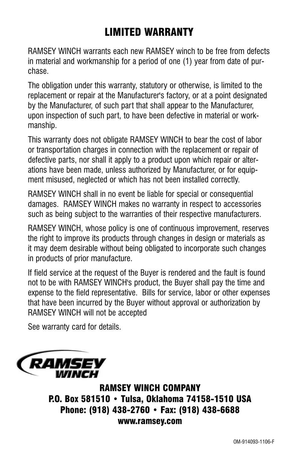 Limited warranty | Ramsey Winch HDG-350 (JERR-DAN) (NOT CURRENT) User Manual | Page 20 / 20