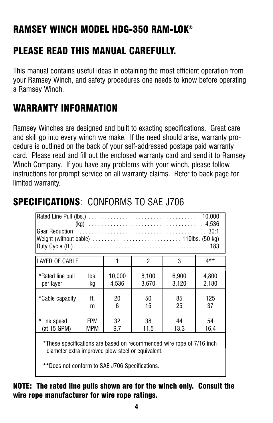 Ramsey winch model hdg-350 ram-lok, Please read this manual carefully, Warranty information | Specifications: conforms to sae j706 | Ramsey Winch HDG-350 (JERR-DAN) (NOT CURRENT) User Manual | Page 4 / 20