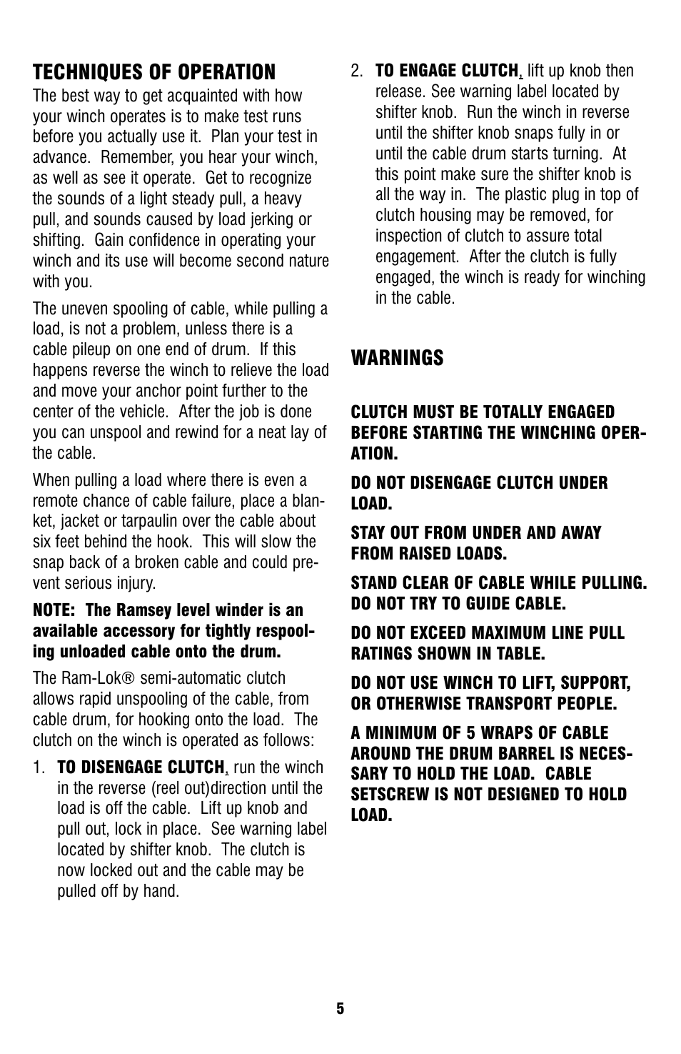 Techniques of operation, Warnings | Ramsey Winch HDG-350 (JERR-DAN) (NOT CURRENT) User Manual | Page 5 / 20