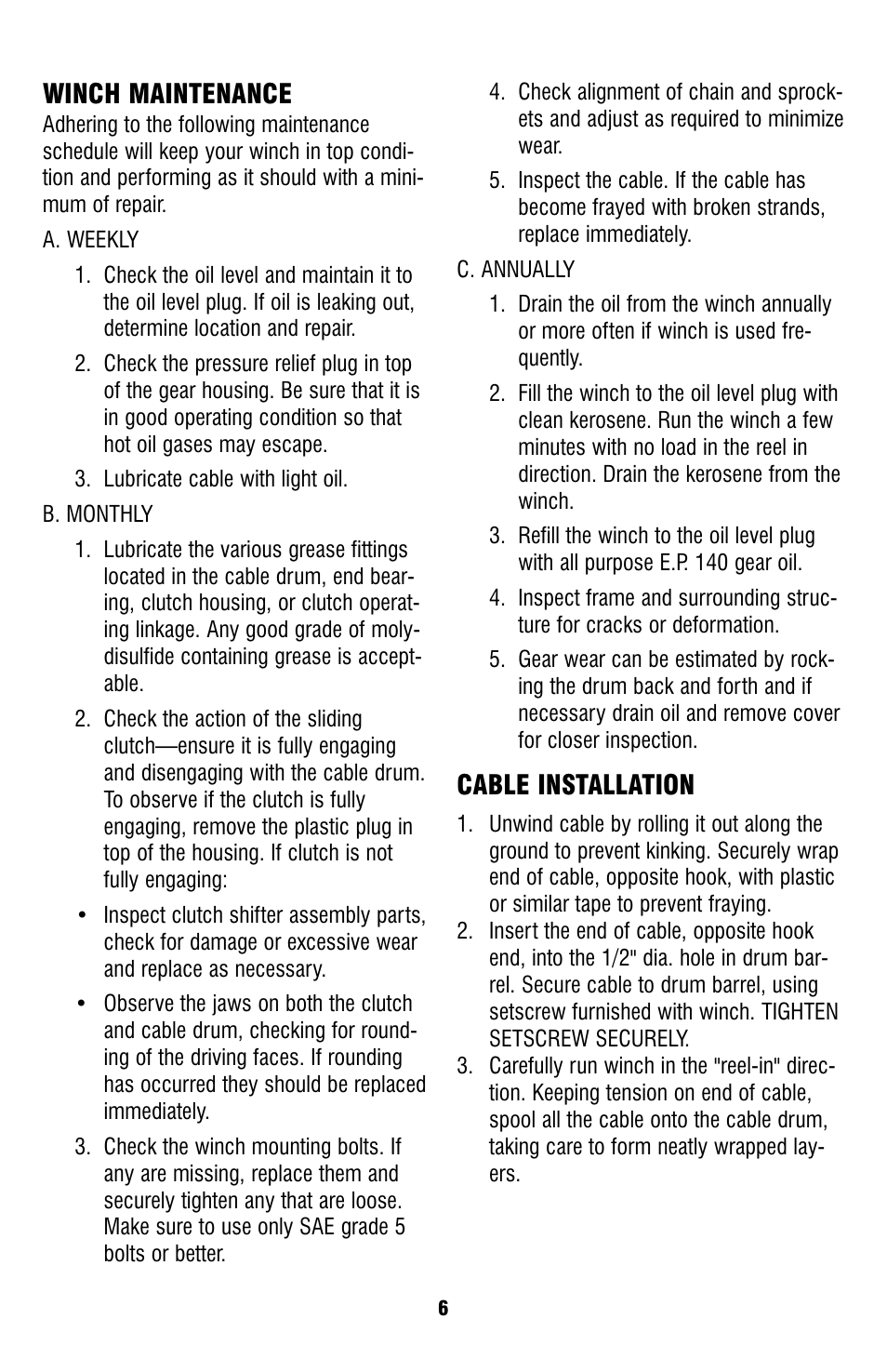 Winch maintenance, Cable installation | Ramsey Winch HDG-350 (JERR-DAN) (NOT CURRENT) User Manual | Page 6 / 20