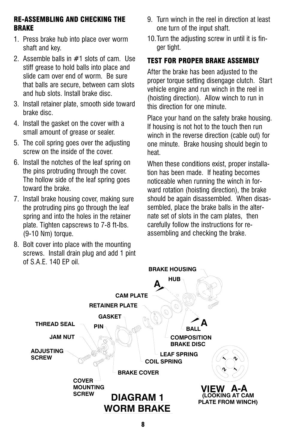 Worm brake, Diagram 1, View a-a | Ramsey Winch HDG-350 (JERR-DAN) (NOT CURRENT) User Manual | Page 8 / 20