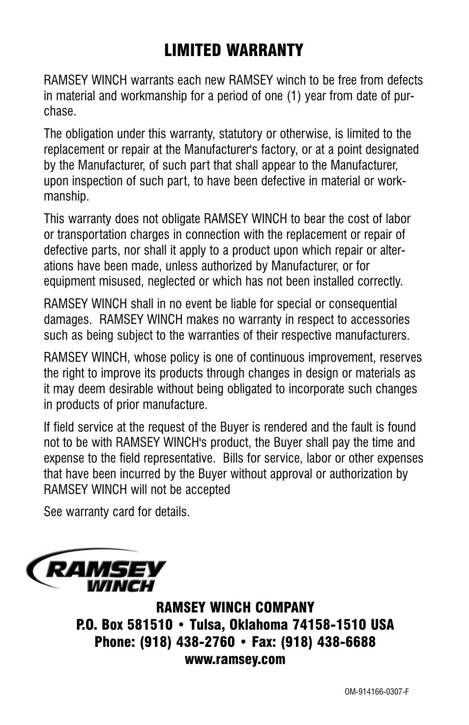 Limited warranty | Ramsey Winch HDG-350 (JERR-DAN) {CURRENT} User Manual | Page 28 / 28