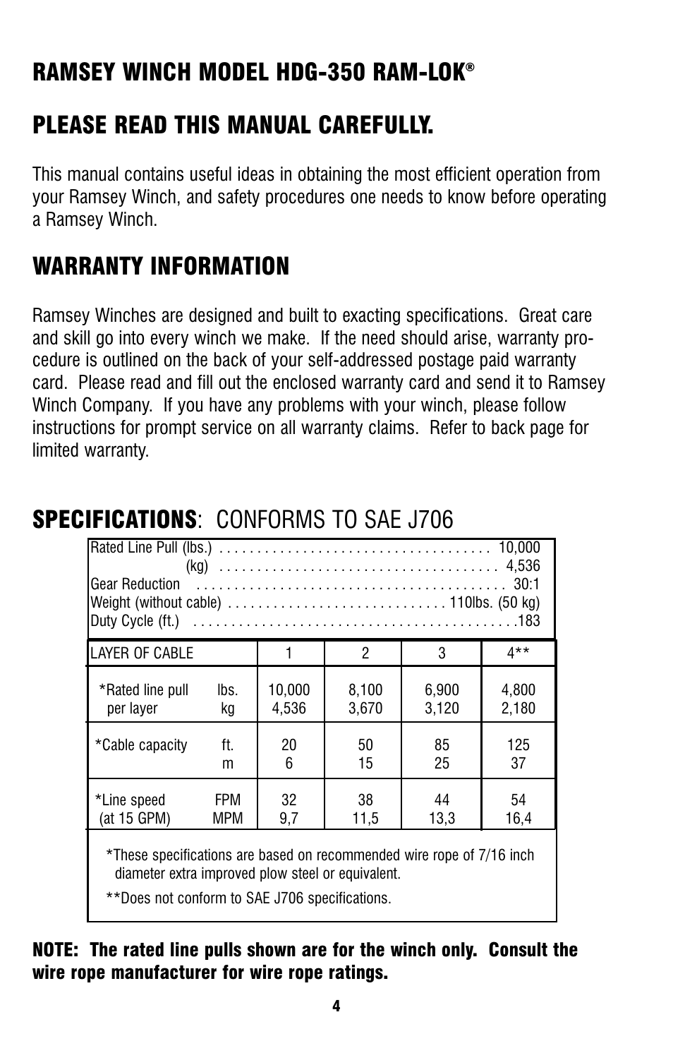 Ramsey winch model hdg-350 ram-lok, Please read this manual carefully, Warranty information | Specifications: conforms to sae j706 | Ramsey Winch HDG-350 (JERR-DAN) {CURRENT} User Manual | Page 4 / 28