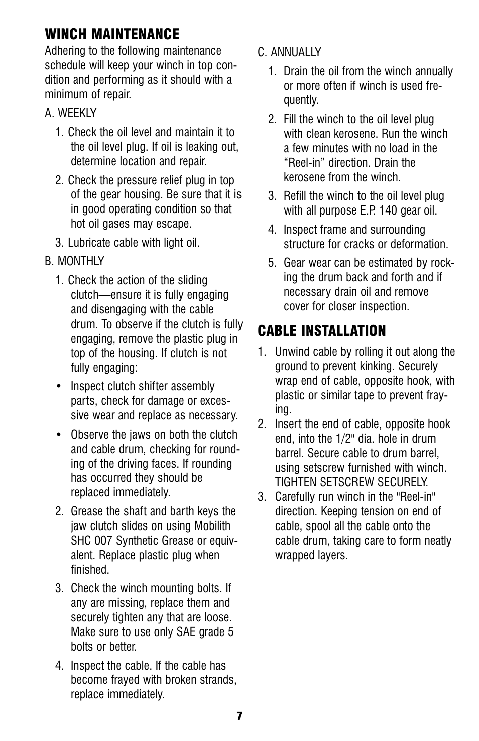 Winch maintenance, Cable installation | Ramsey Winch HDG-350 (JERR-DAN) {CURRENT} User Manual | Page 7 / 28