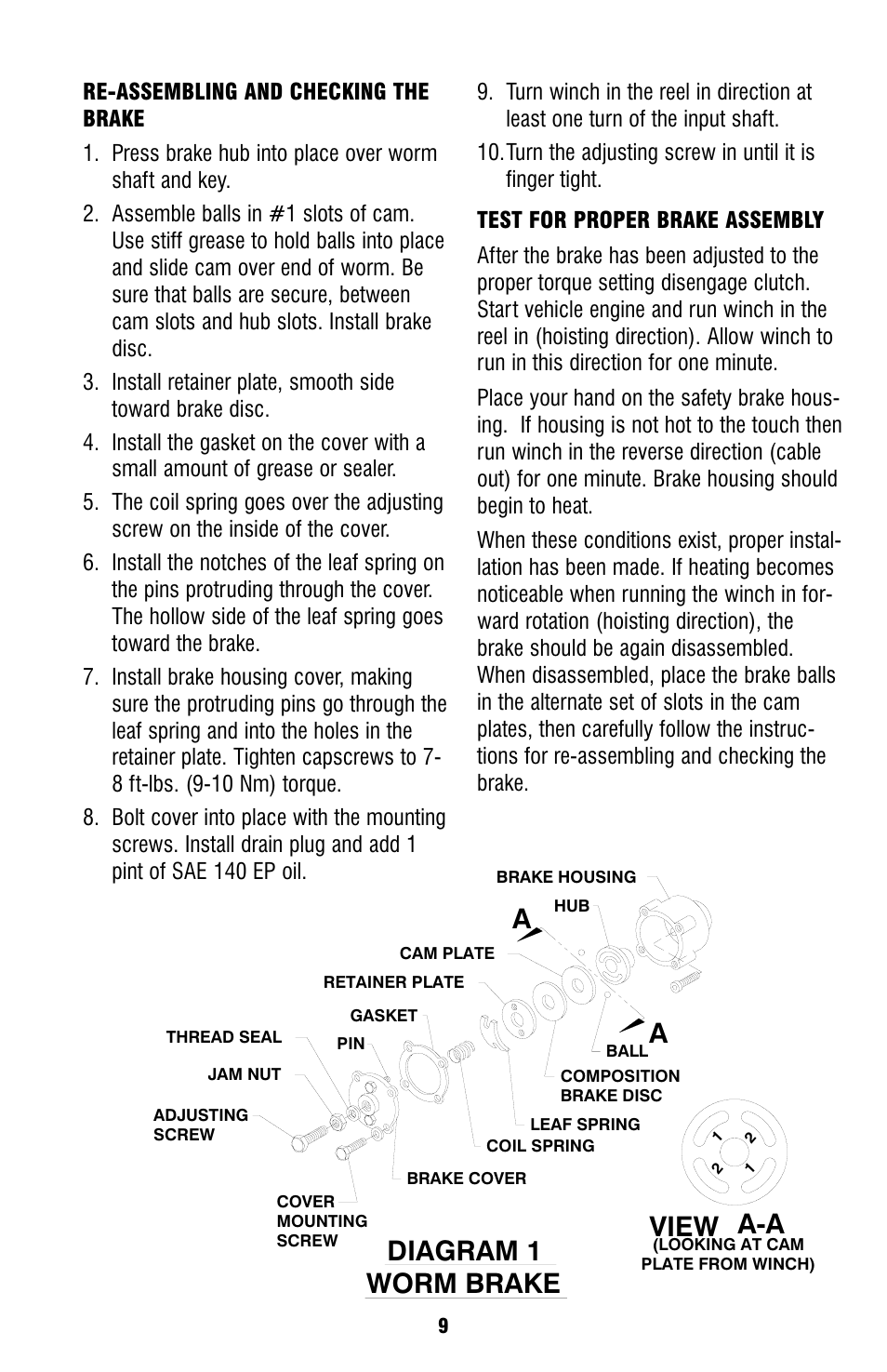 Worm brake, Diagram 1, View a-a | Ramsey Winch HDG-350 (JERR-DAN) {CURRENT} User Manual | Page 9 / 28