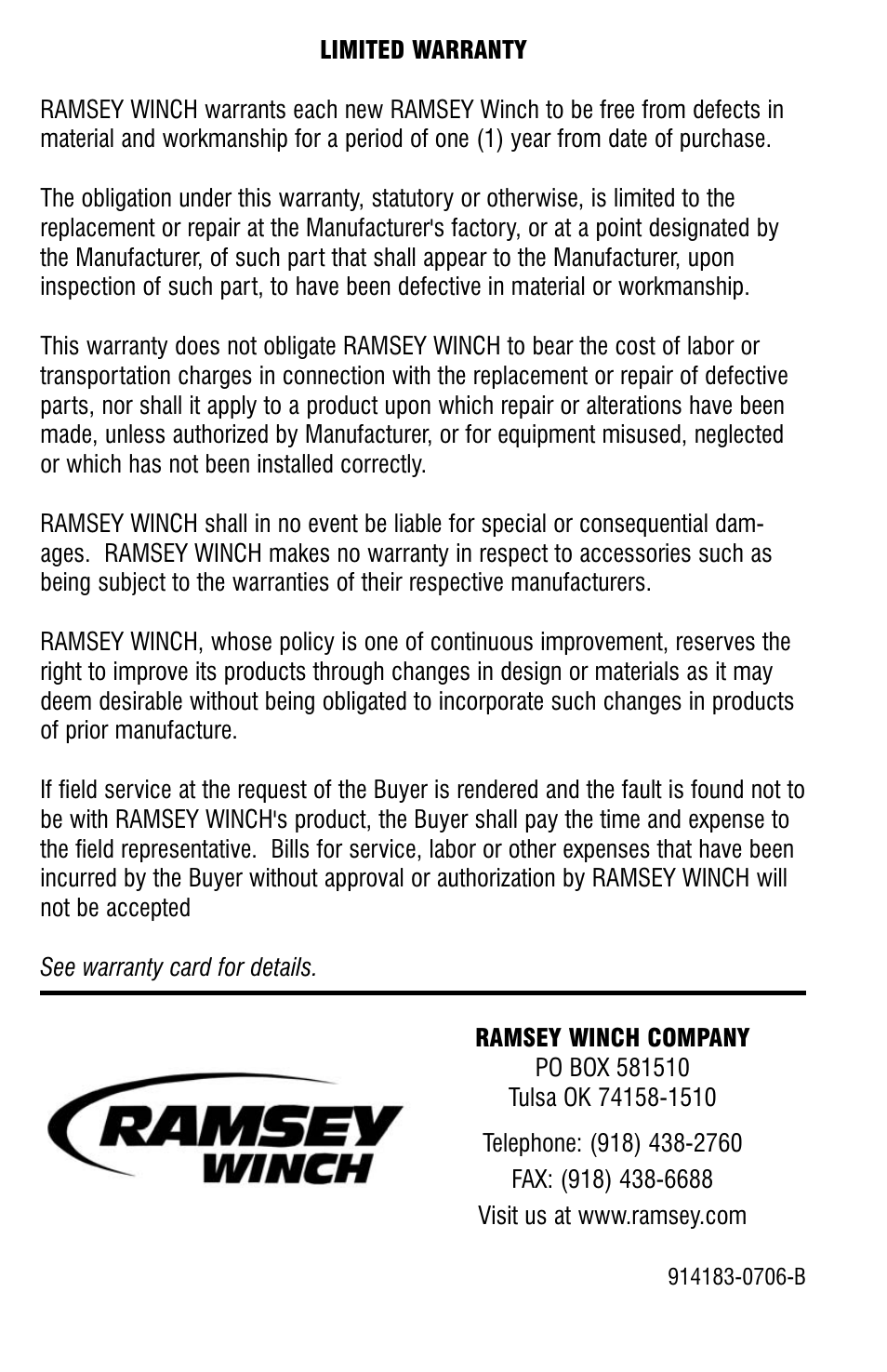 Ramsey Winch HD-P8000 W/FRAME (JERR-DAN) User Manual | Page 20 / 20