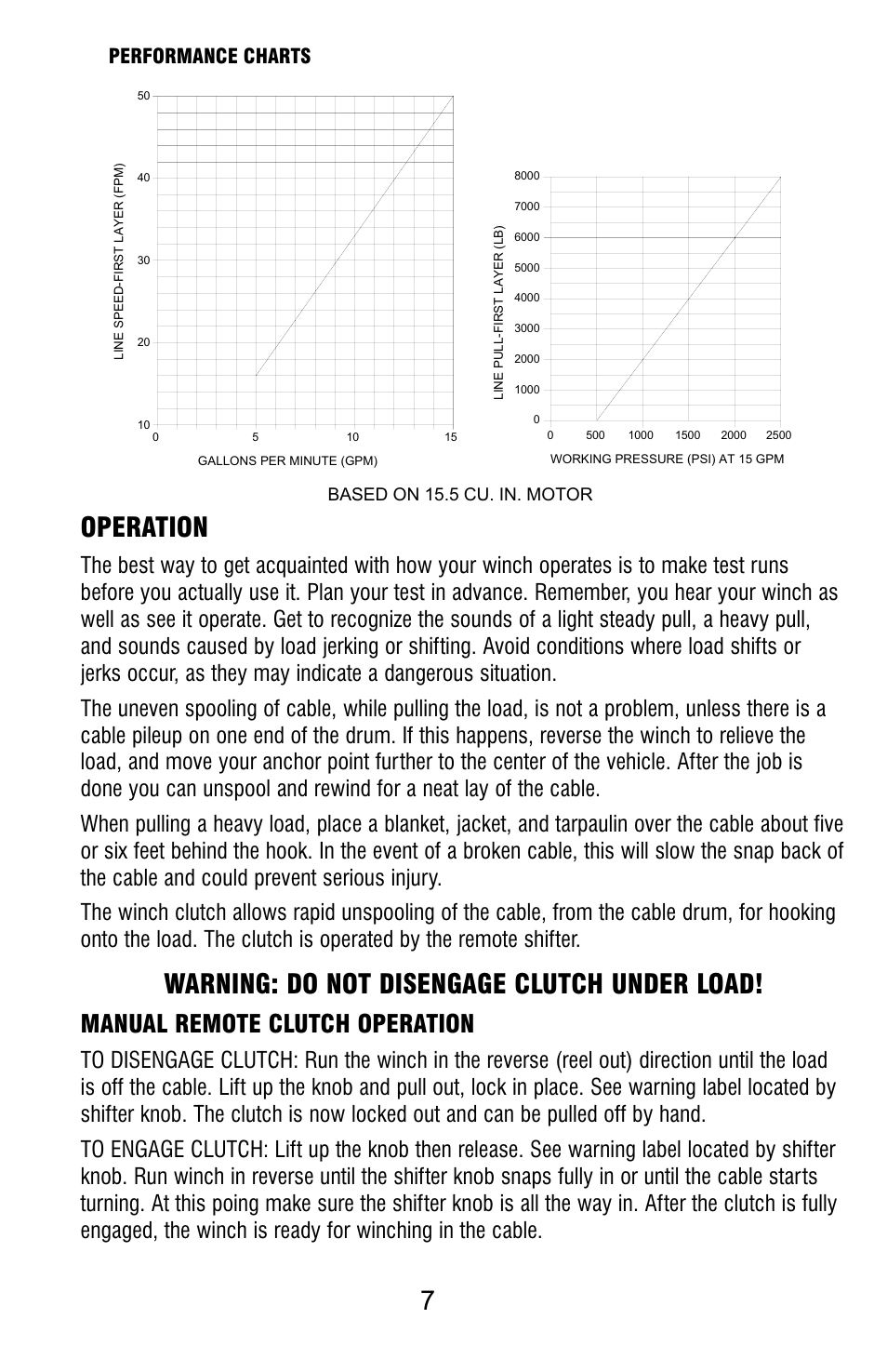 Operation, Warning: do not disengage clutch under load, Manual remote clutch operation | Performance charts | Ramsey Winch HD-P8000 W/FRAME (JERR-DAN) User Manual | Page 7 / 20