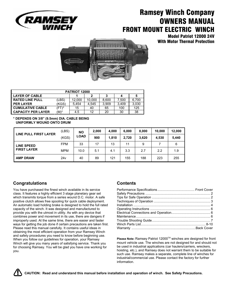 Ramsey Winch PATRIOT 12000 W/THERMAL PROTECTION (SZUMMAR) User Manual | 12 pages