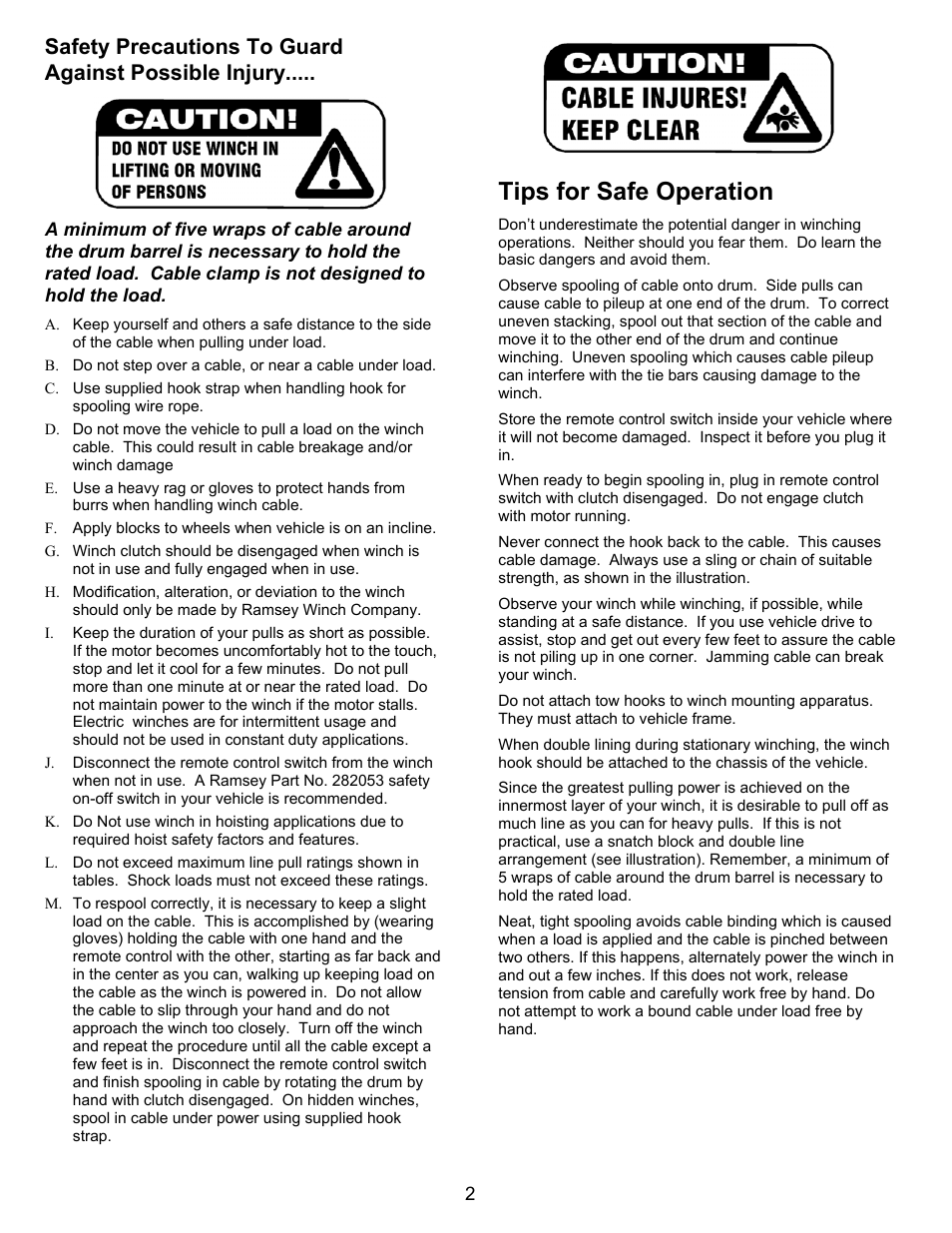 Tips for safe operation | Ramsey Winch PATRIOT 12000 W/THERMAL PROTECTION (SZUMMAR) User Manual | Page 2 / 12