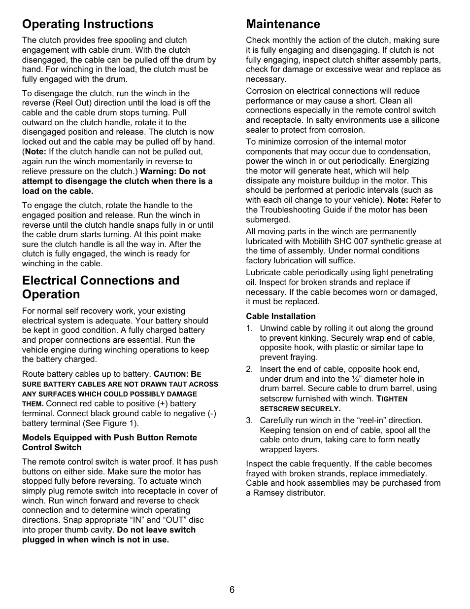 Operating instructions, Electrical connections and operation, Maintenance | Ramsey Winch PATRIOT 12000 W/THERMAL PROTECTION (SZUMMAR) User Manual | Page 6 / 12