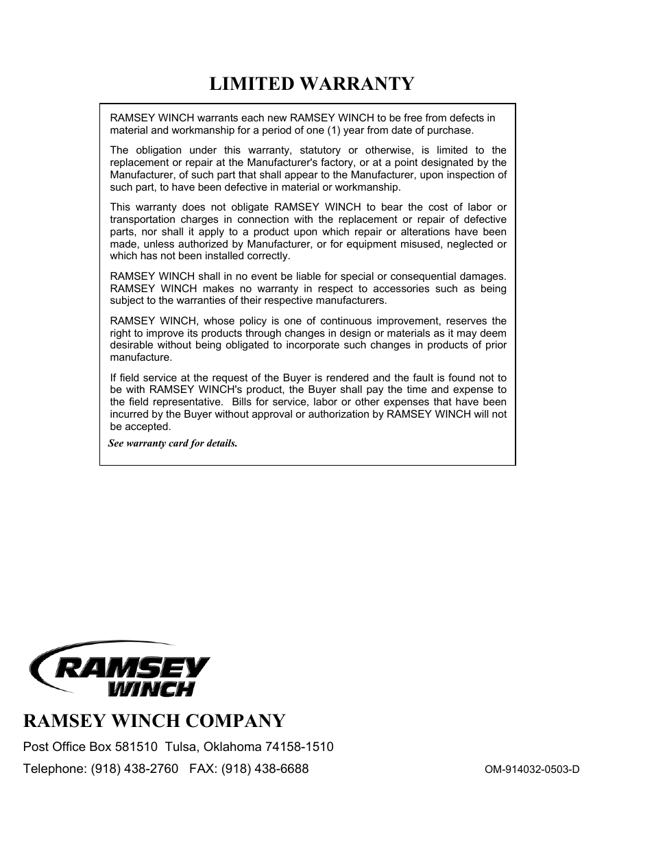 Limited warranty, Ramsey winch company | Ramsey Winch RPH-20000 (SPEC. FOR CHEVRON) User Manual | Page 18 / 18