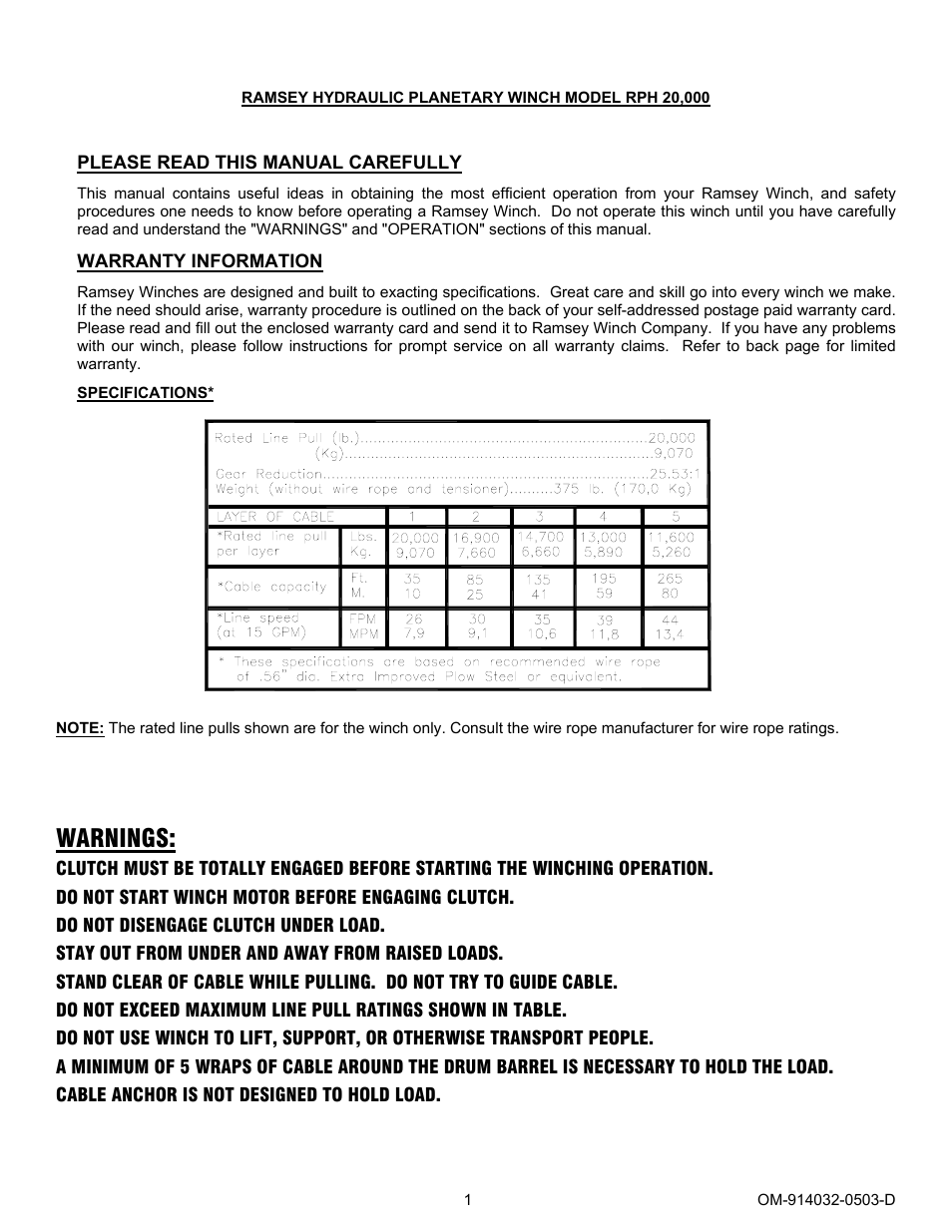 Warnings | Ramsey Winch RPH-20000 (SPEC. FOR CHEVRON) User Manual | Page 3 / 18