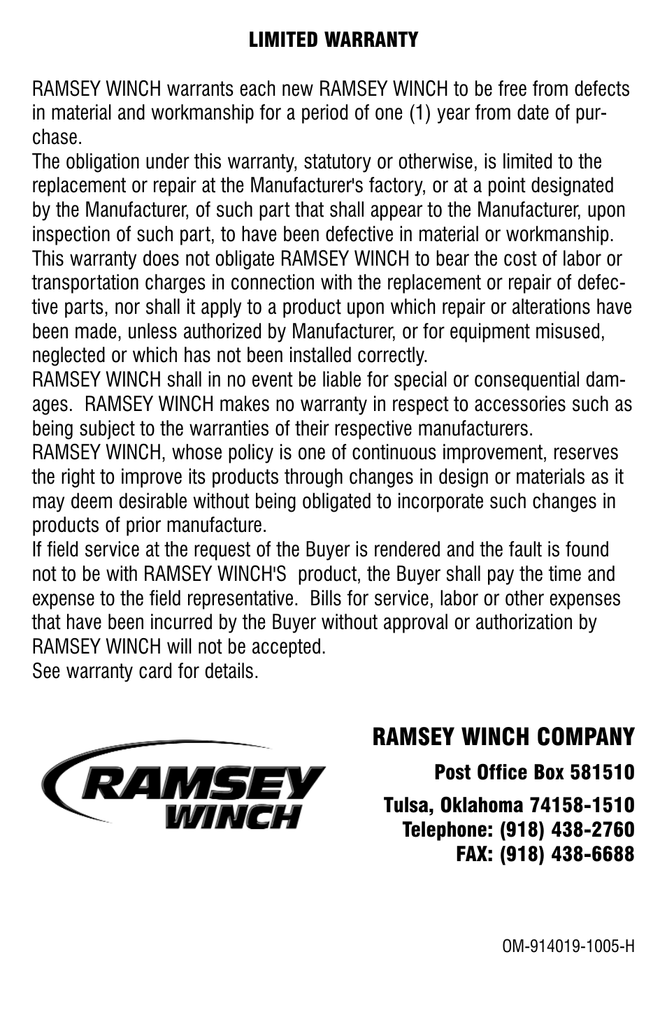 Ramsey winch company | Ramsey Winch RPH-25000 (JERR-DAN) User Manual | Page 24 / 24