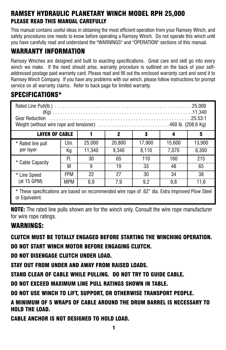 Warranty information, Specifications, Warnings | Ramsey Winch RPH-25000 (JERR-DAN) User Manual | Page 3 / 24