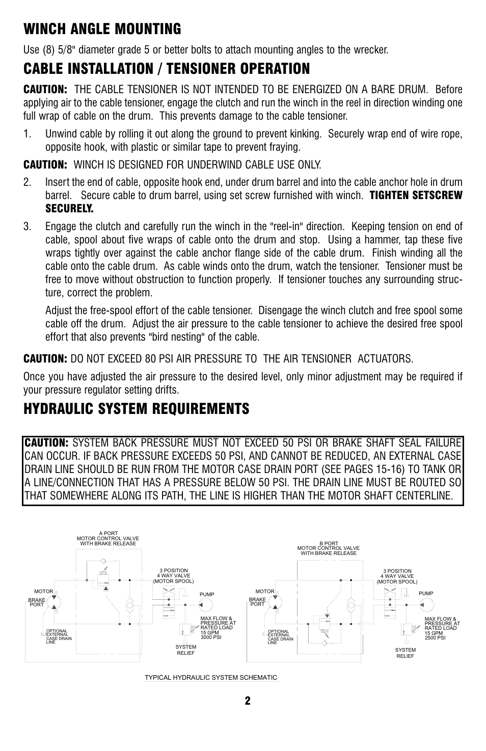 Winch angle mounting, Cable installation / tensioner operation, Hydraulic system requirements | Ramsey Winch RPH-25000 (JERR-DAN) User Manual | Page 4 / 24