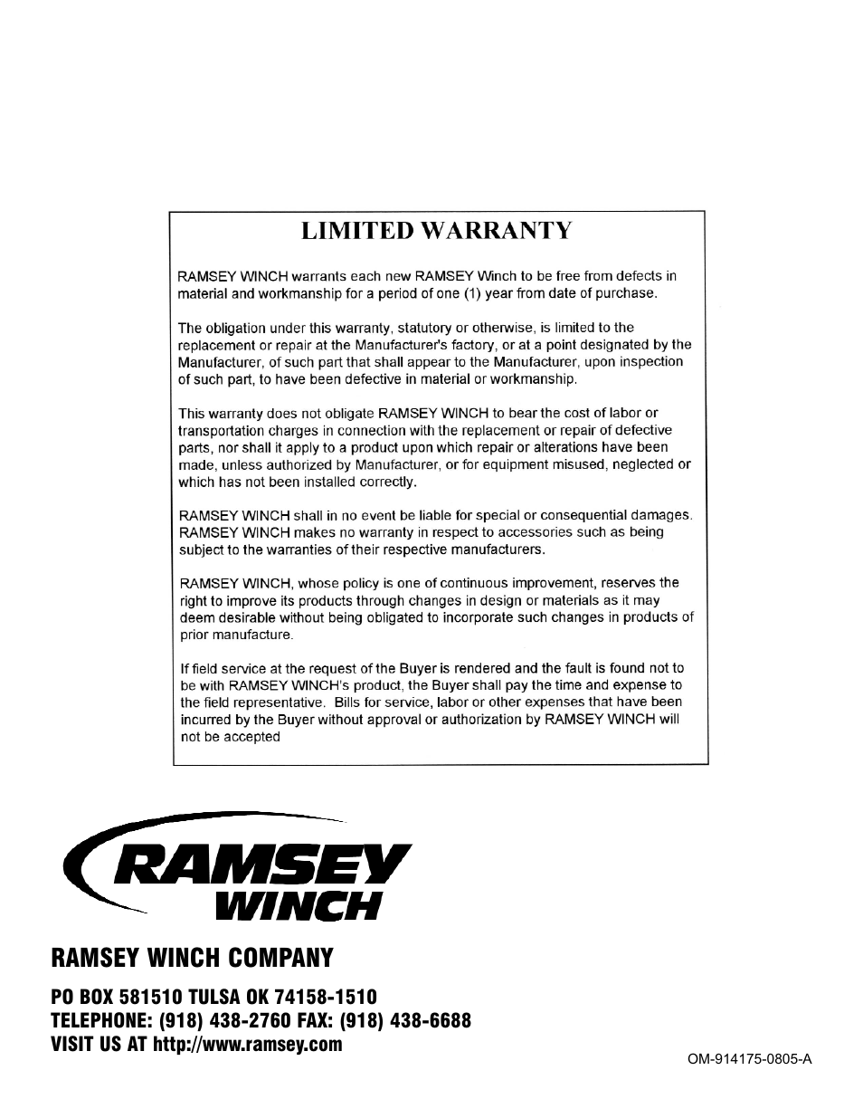 Ramsey winch company | Ramsey Winch RPH-30000 for Boniface User Manual | Page 20 / 20