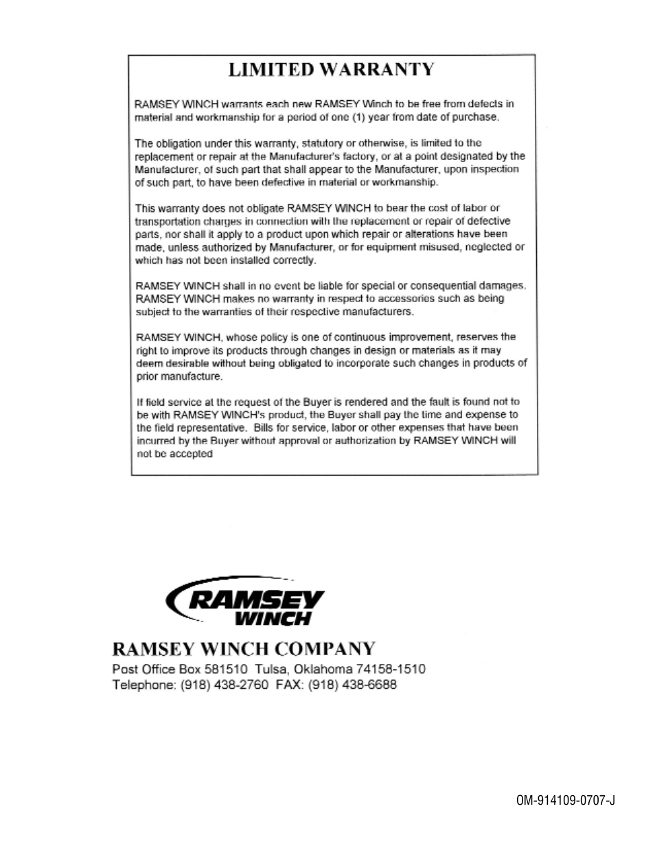 Ramsey Winch RPH-35000 W/ 2 SPEED MOTOR User Manual | Page 20 / 20