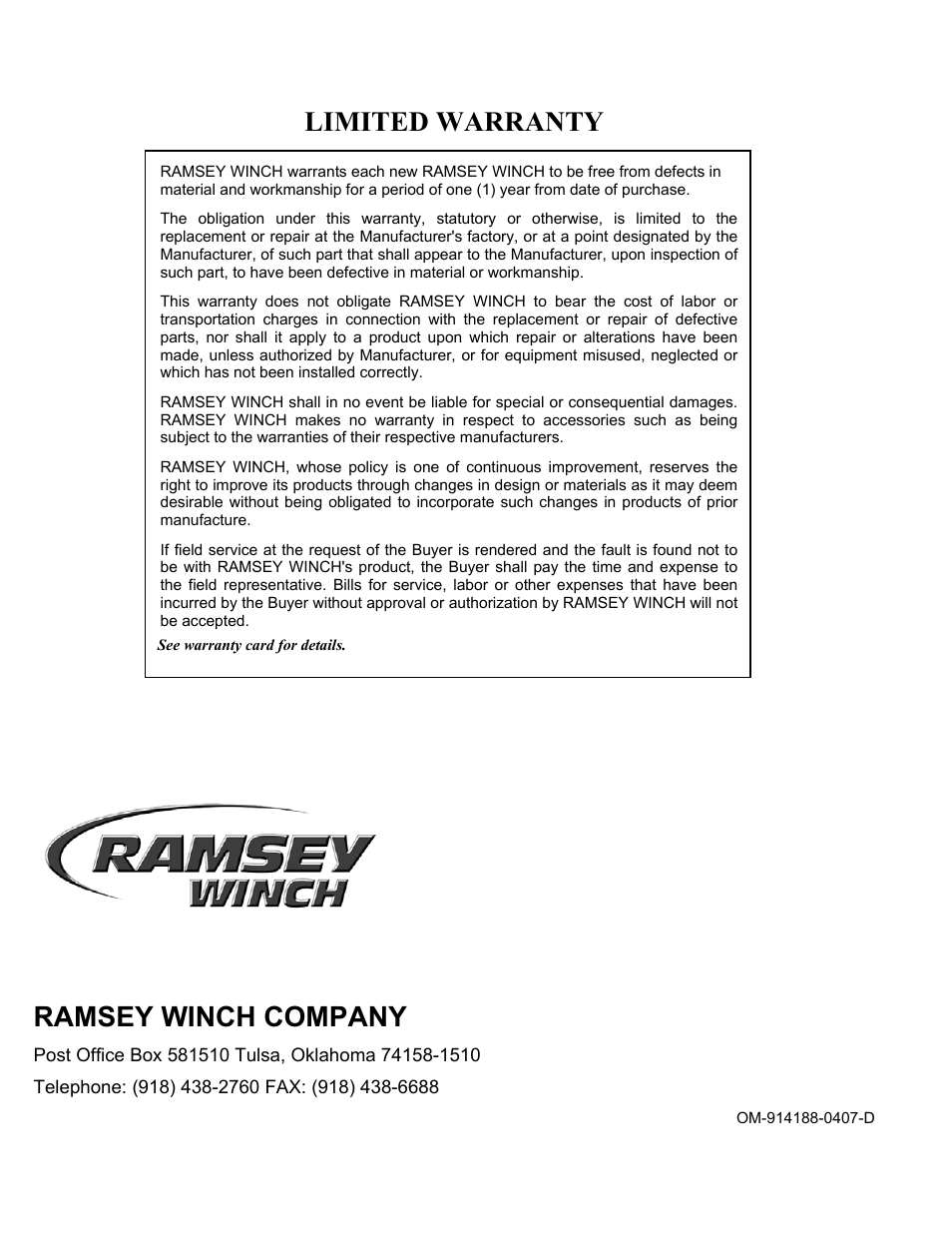 Limited warranty, Ramsey winch company | Ramsey Winch RPH-40000 2 SPEED W/AIR TENSIONER User Manual | Page 20 / 20