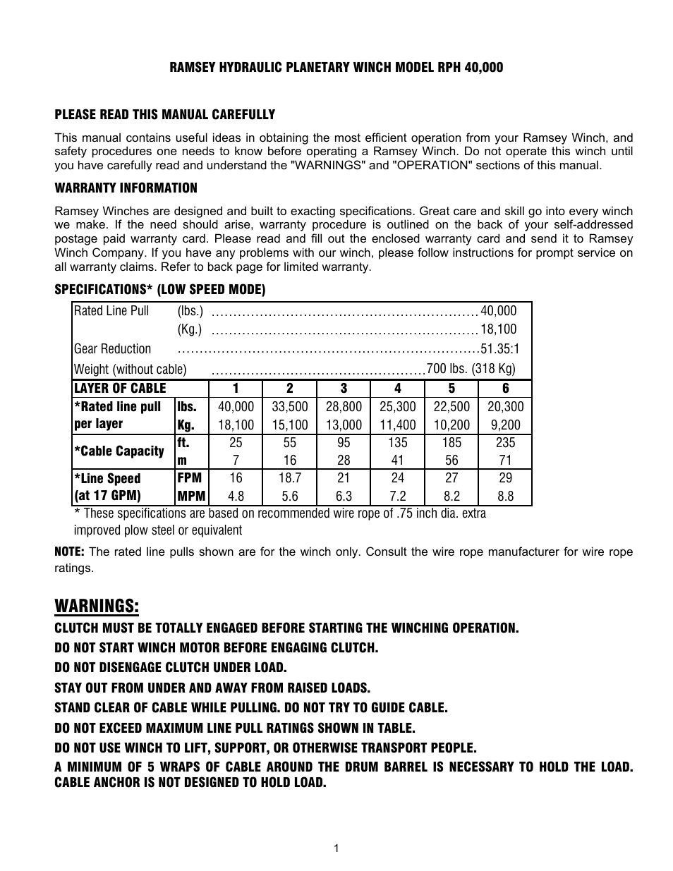 Warnings | Ramsey Winch RPH-40000 2 SPEED W/AIR TENSIONER User Manual | Page 3 / 20