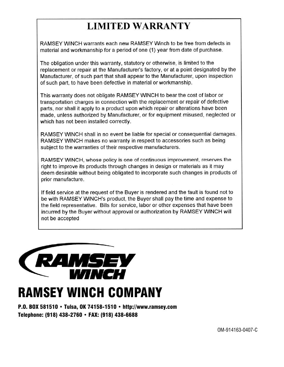 Ramsey winch company | Ramsey Winch RPH-50,000 (AATAC) User Manual | Page 20 / 20