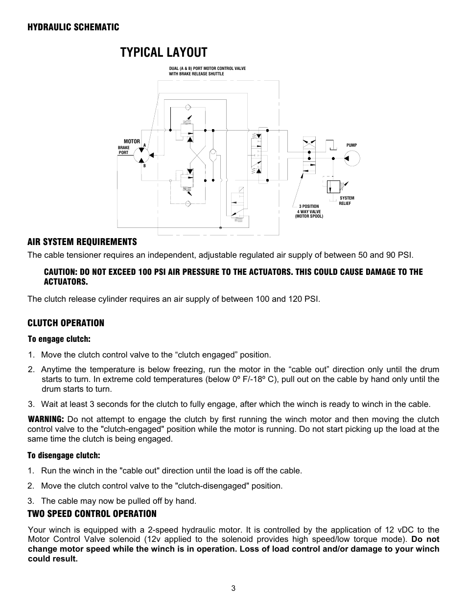 Typical layout, Hydraulic schematic air system requirements, Clutch operation | Two speed control operation | Ramsey Winch RPH-50000 LARGE FLANGE 2-SPEED W/AIR TENSIONER User Manual | Page 6 / 24