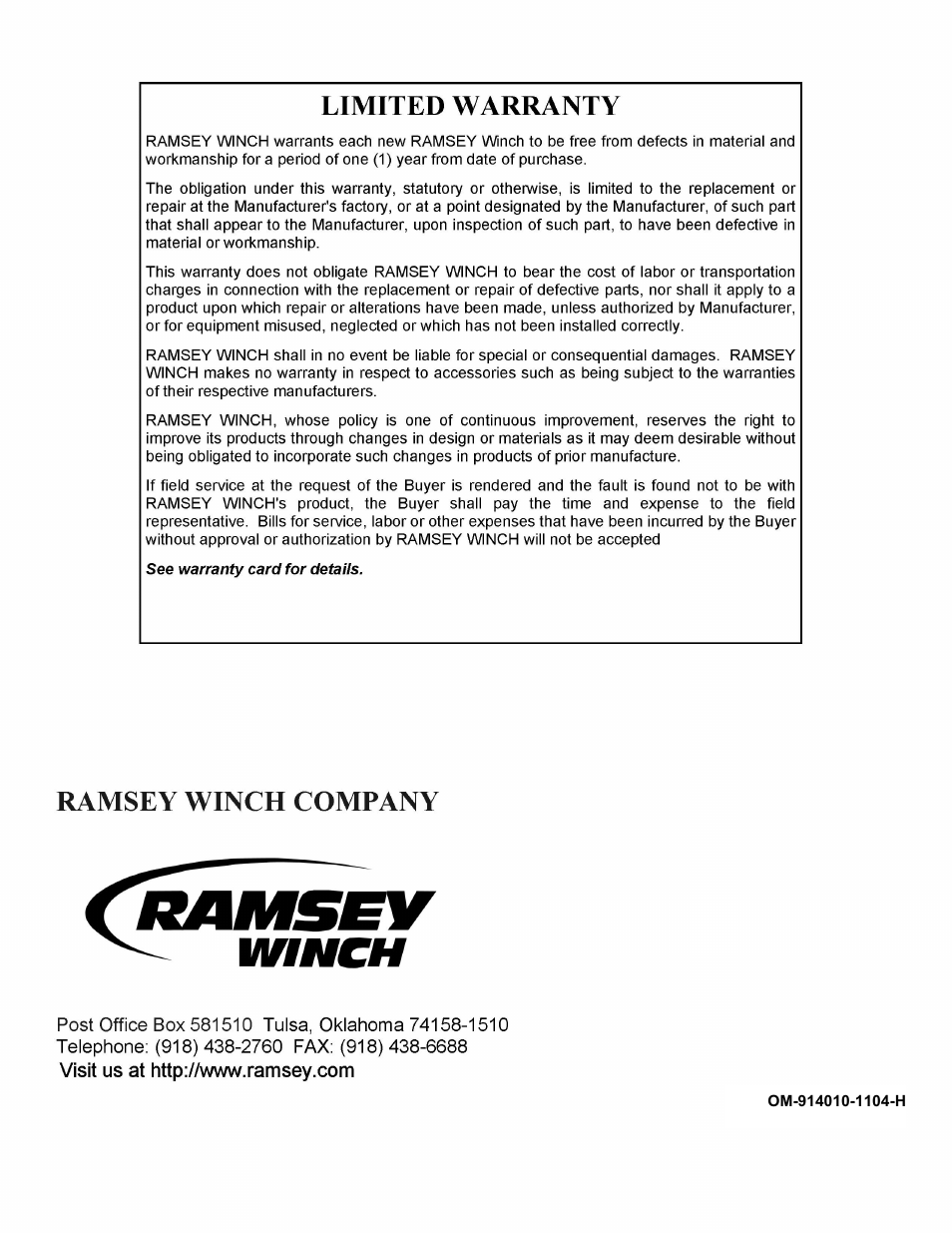 Ramsey Winch RPH-8000Y (JERR-DAN) User Manual | Page 20 / 20