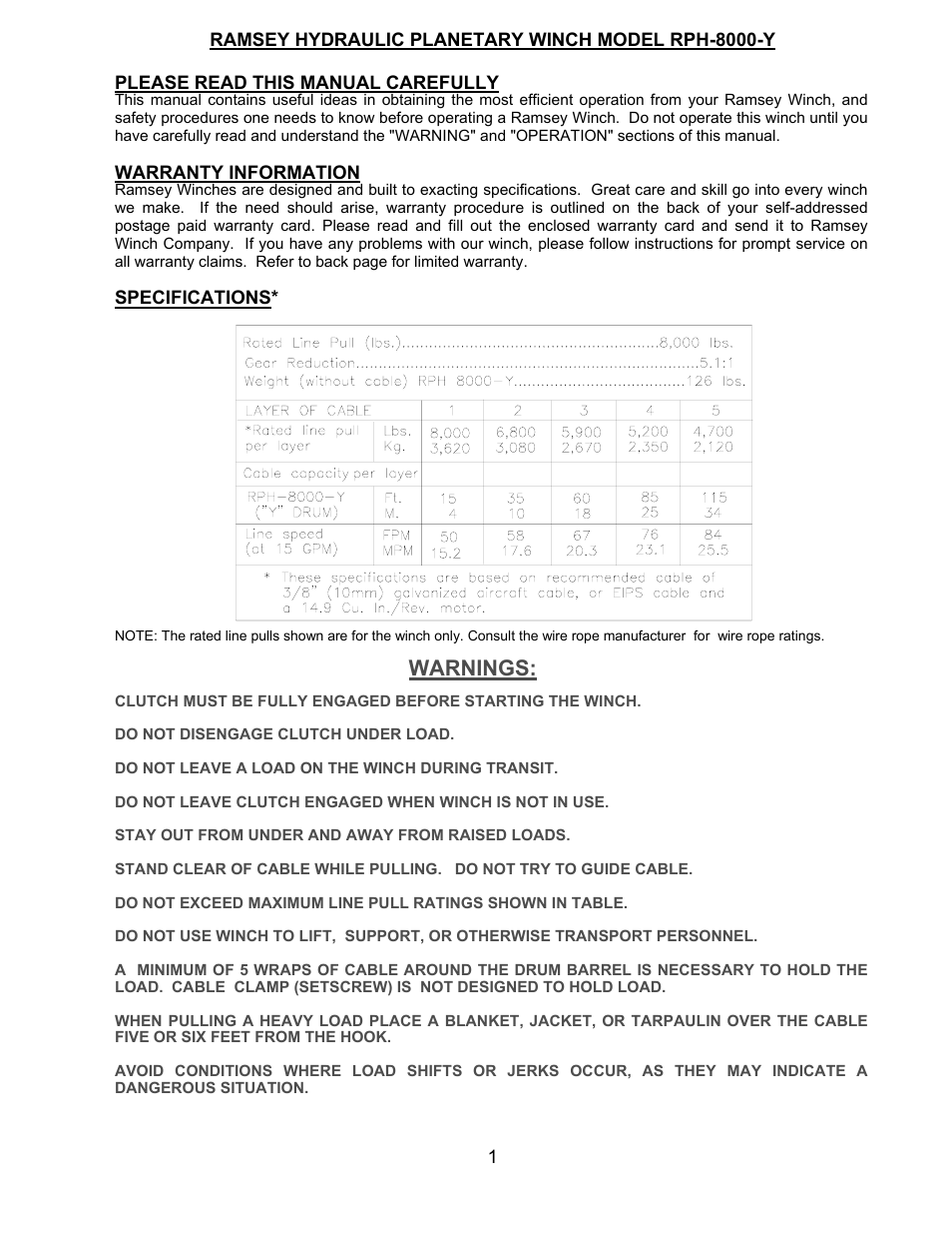 Warnings | Ramsey Winch RPH-8000Y (JERR-DAN) User Manual | Page 3 / 20