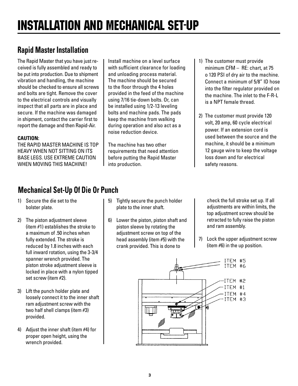 Installation and mechanical set-up, Rapid master installation, Mechanical set-up of die or punch | Rapid-Air AIR FEED / RAPID MASTER WITH KEYPAD User Manual | Page 3 / 23