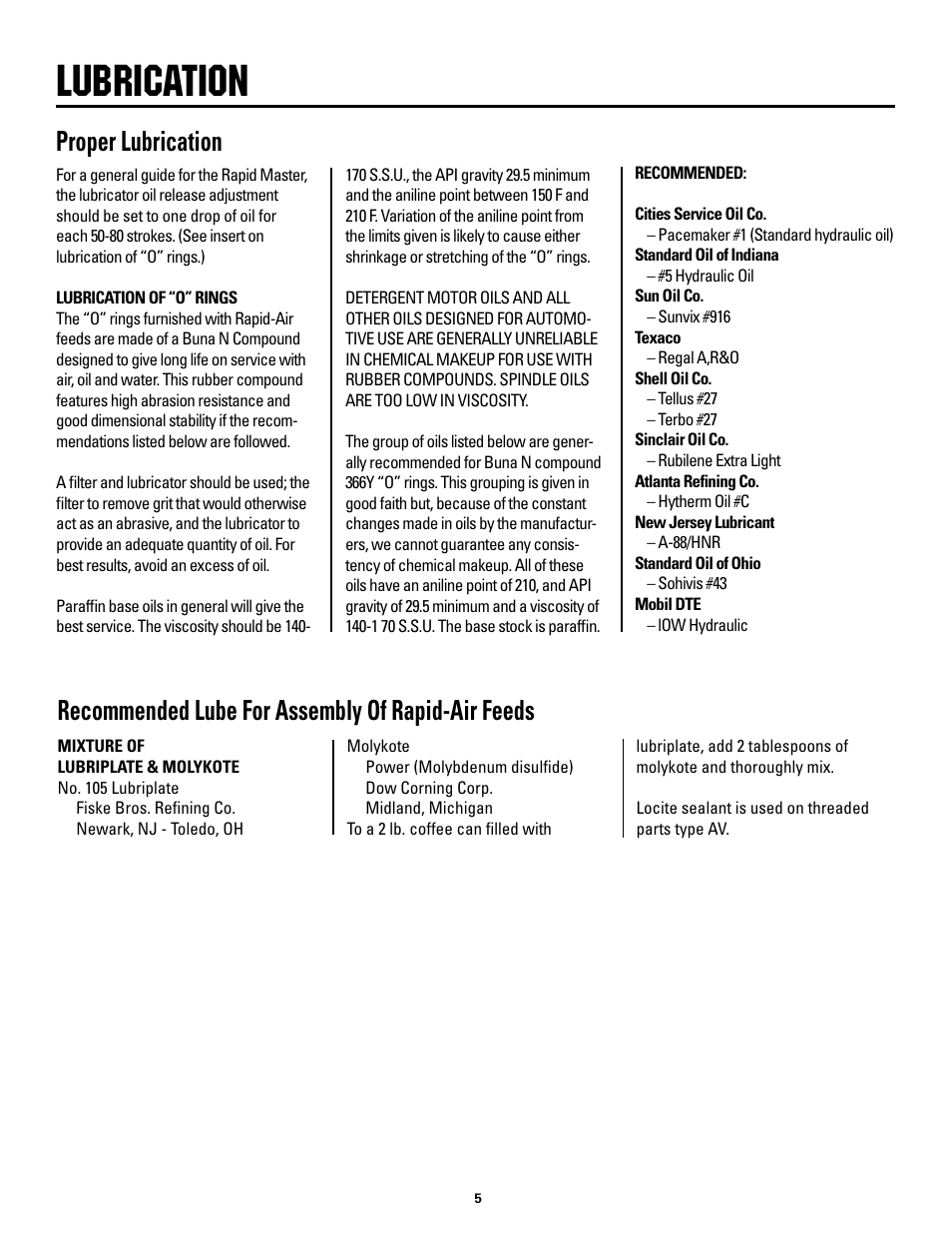 Lubrication, Proper lubrication, Recommended lube for assembly of rapid-air feeds | Rapid-Air AIR FEED / RAPID MASTER WITH KEYPAD User Manual | Page 5 / 23