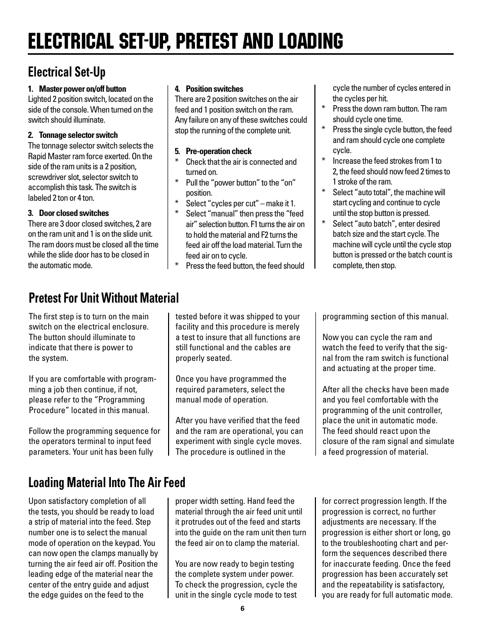 Electrical set-up, pretest and loading, Electrical set-up, Pretest for unit without material | Loading material into the air feed | Rapid-Air AIR FEED / RAPID MASTER WITH KEYPAD User Manual | Page 6 / 23