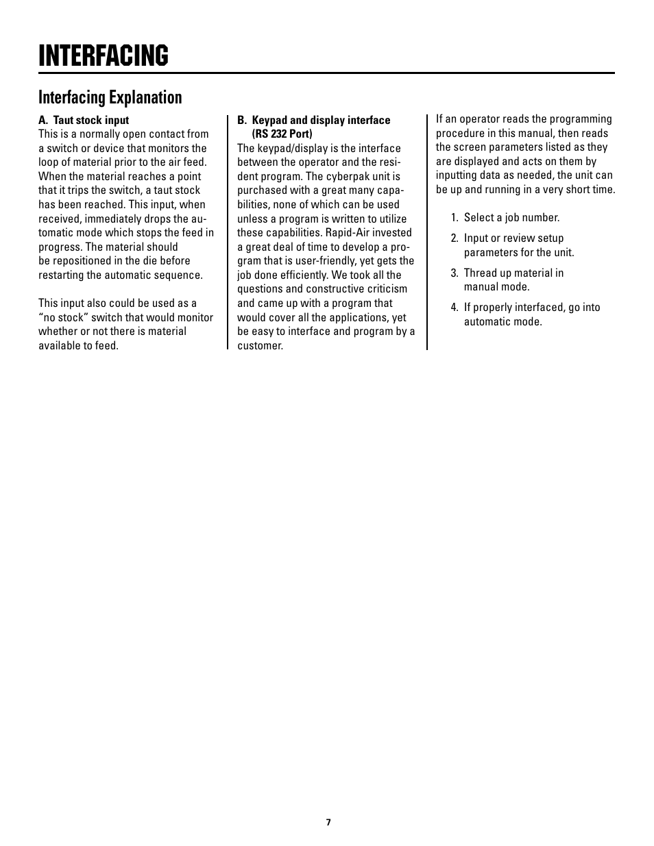 Interfacing, Interfacing explanation | Rapid-Air AIR FEED / RAPID MASTER WITH KEYPAD User Manual | Page 7 / 23