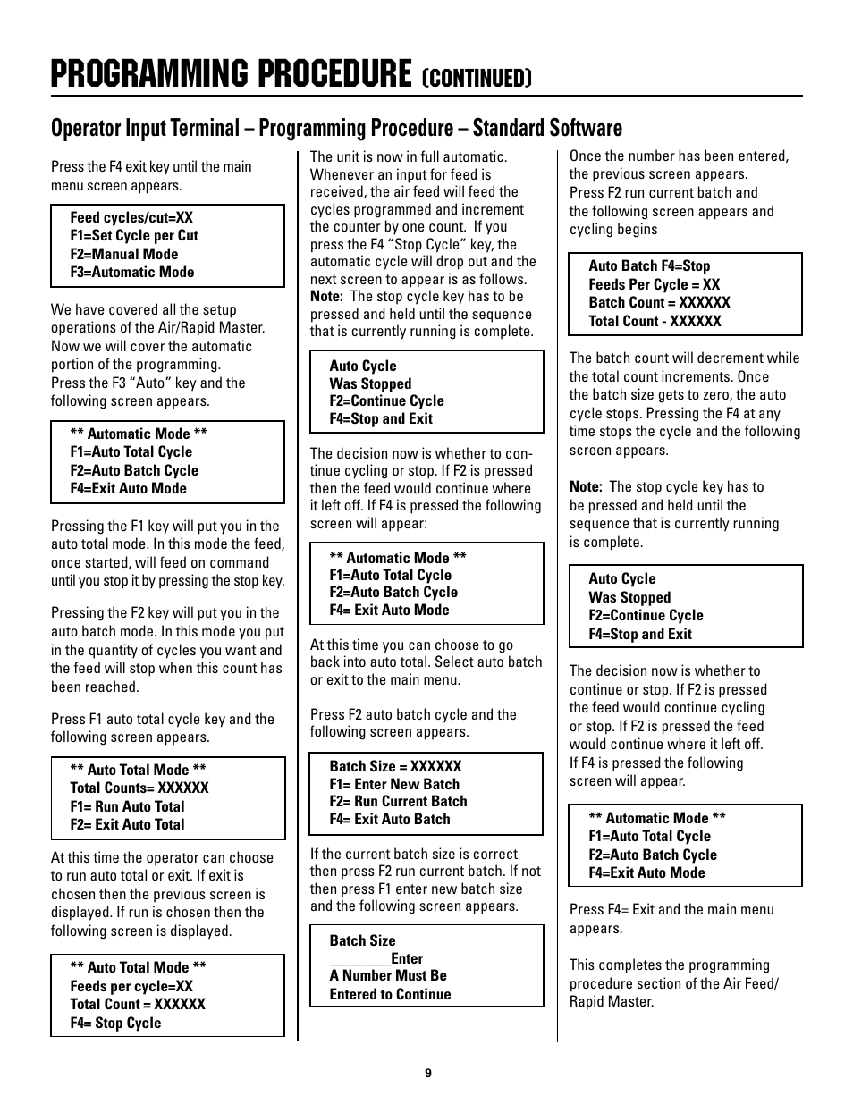 Programming procedure, Continued) | Rapid-Air AIR FEED / RAPID MASTER WITH KEYPAD User Manual | Page 9 / 23