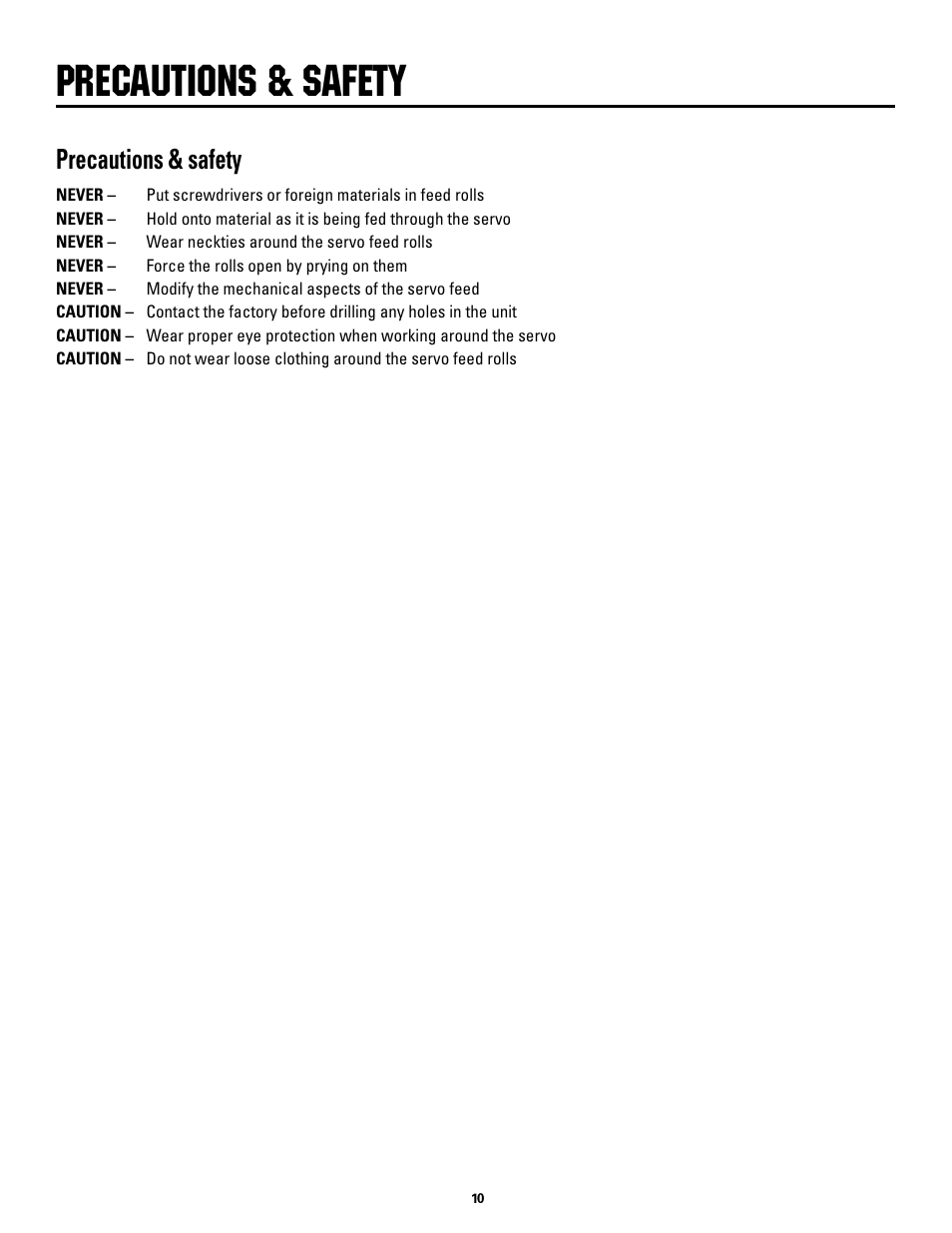 Precautions & safety, Precautions.&.safety | Rapid-Air MINI-SERVO FEED: MS2, MS4 & MS8. 115vac, 1ph, 60hz User Manual | Page 10 / 18